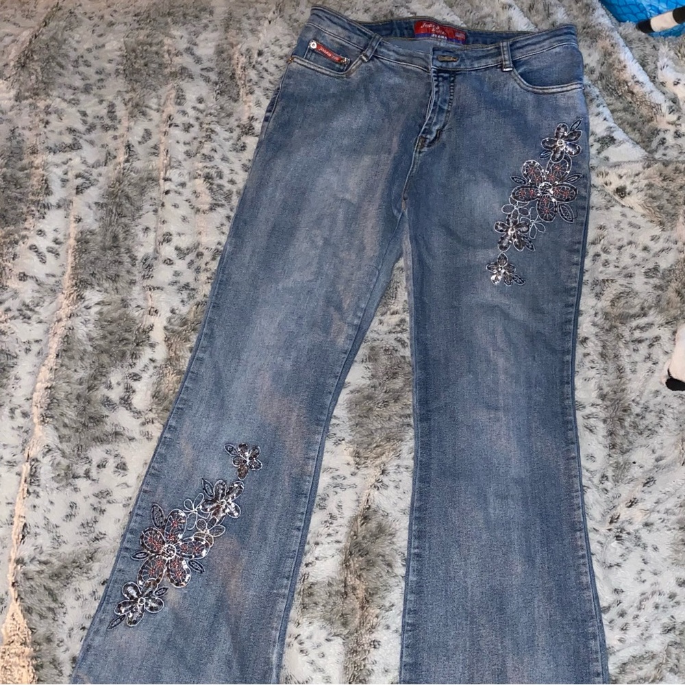joana design low rise floral sequin flared jeans